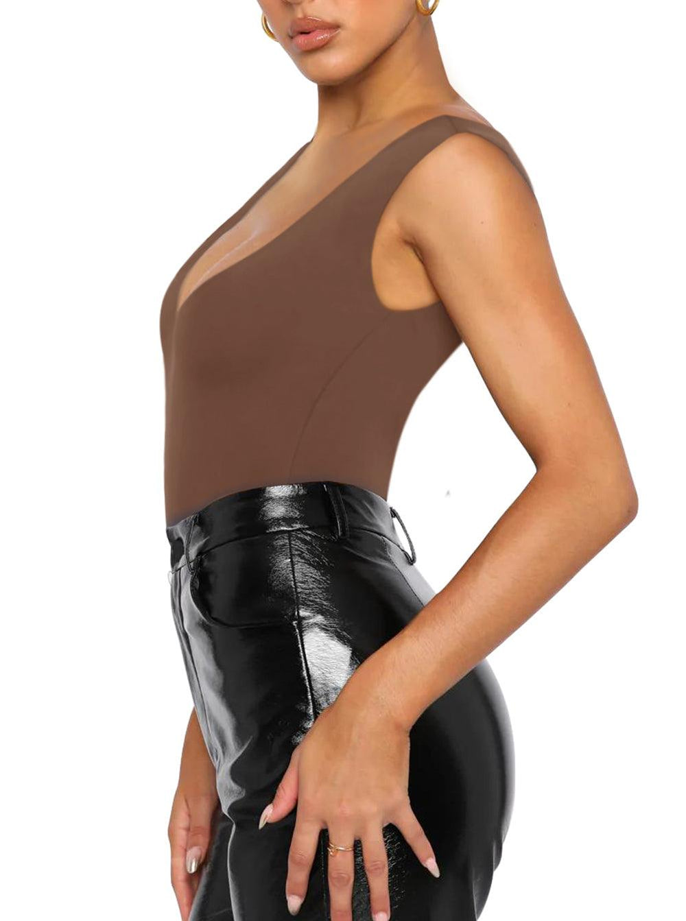 Plunge Deep V Neck Sleeveless V Backless Bodysuits Tops - REORIA