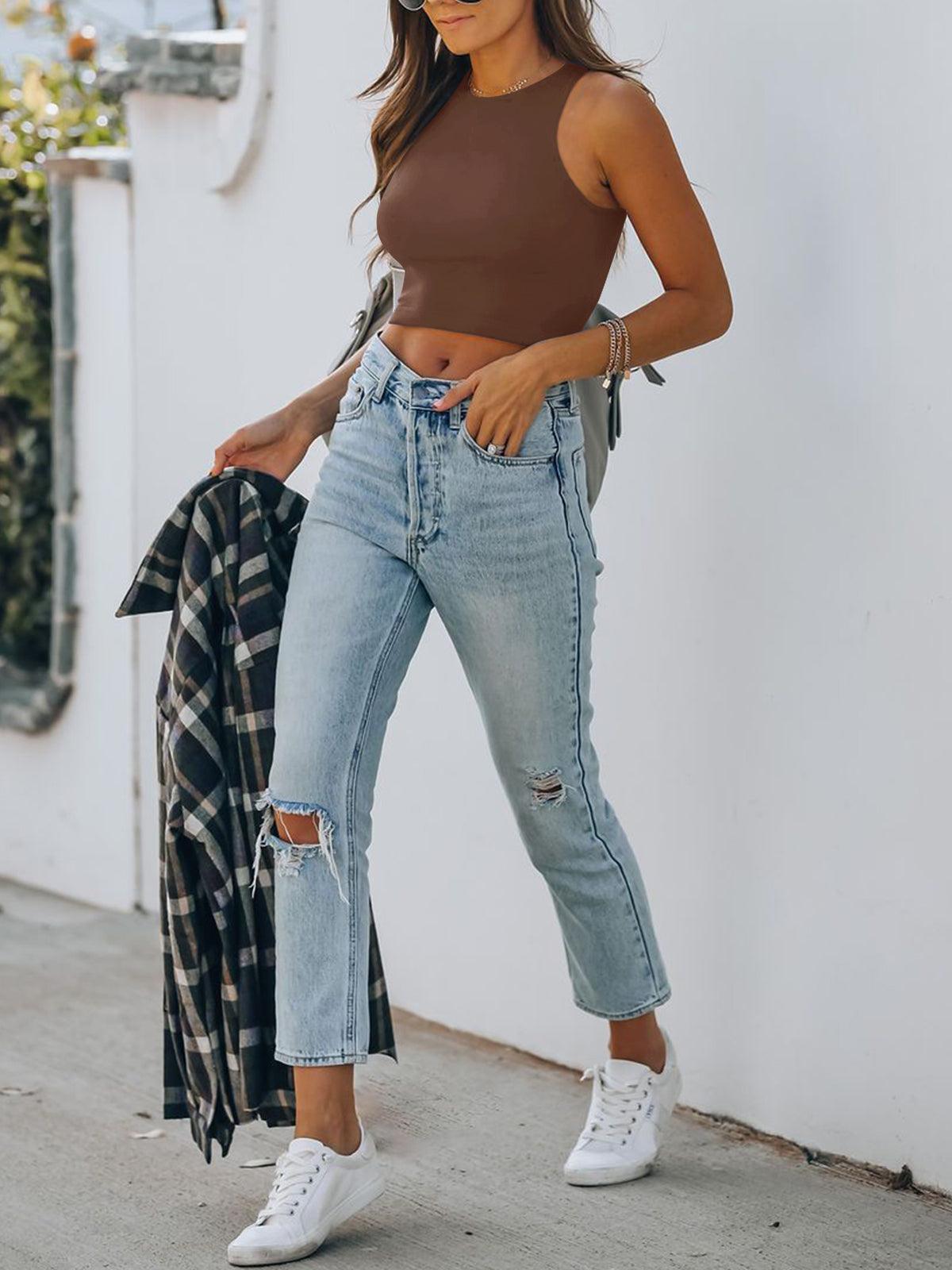 Sleeveless Halter Neck Tank Crop Tops - REORIA