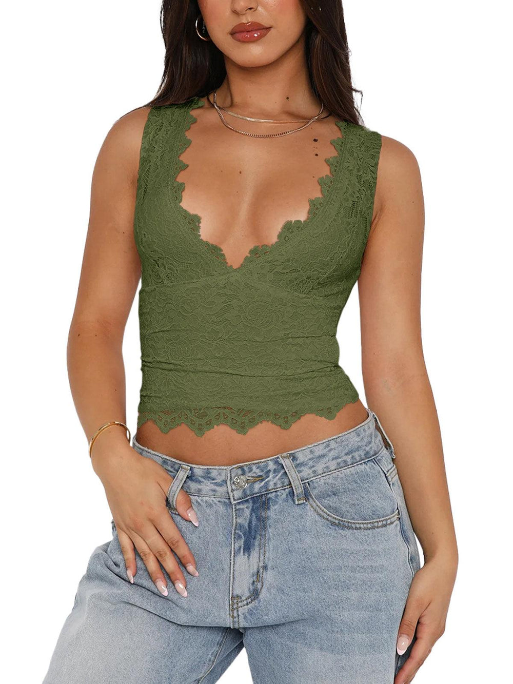 Midnight Elegance Lace V-Neck Crop Top - REORIA