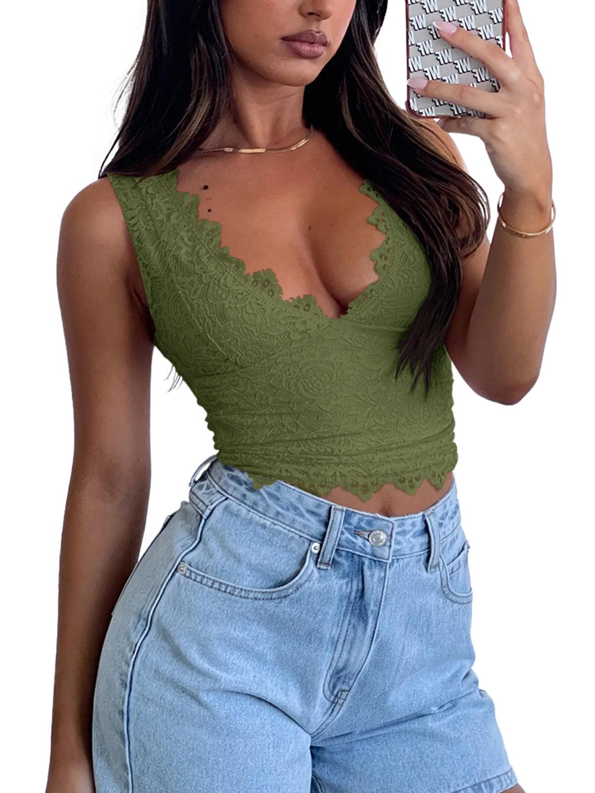 Midnight Elegance Lace V-Neck Crop Top - REORIA