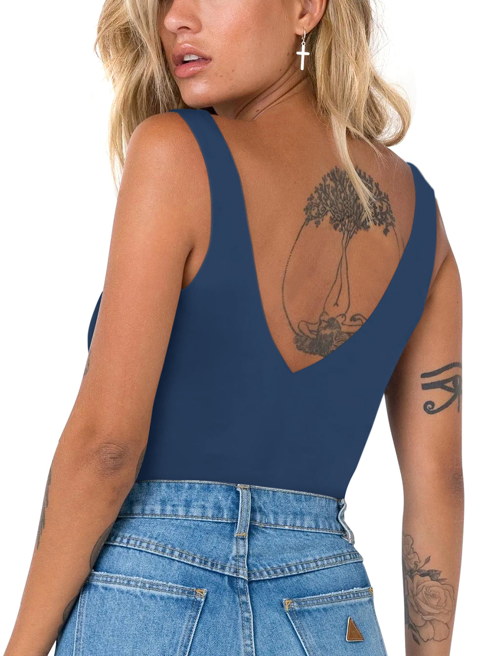 Plunge Deep V Neck Sleeveless V Backless Bodysuits Tops - REORIA