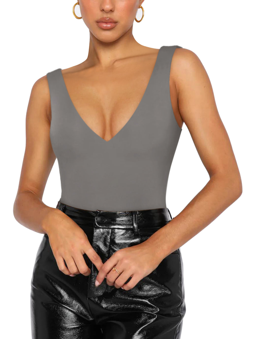 Plunge Deep V Neck Sleeveless V Backless Bodysuits Tops - REORIA