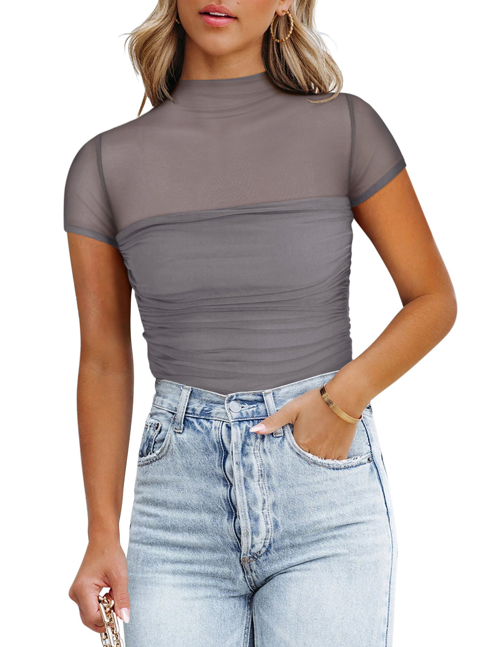 Veiled Allure High Neck Bodysuits Tops - REORIA