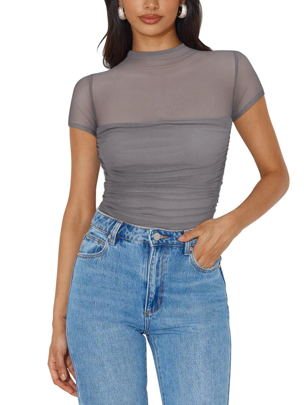 Veiled Allure High Neck Bodysuits Tops - REORIA