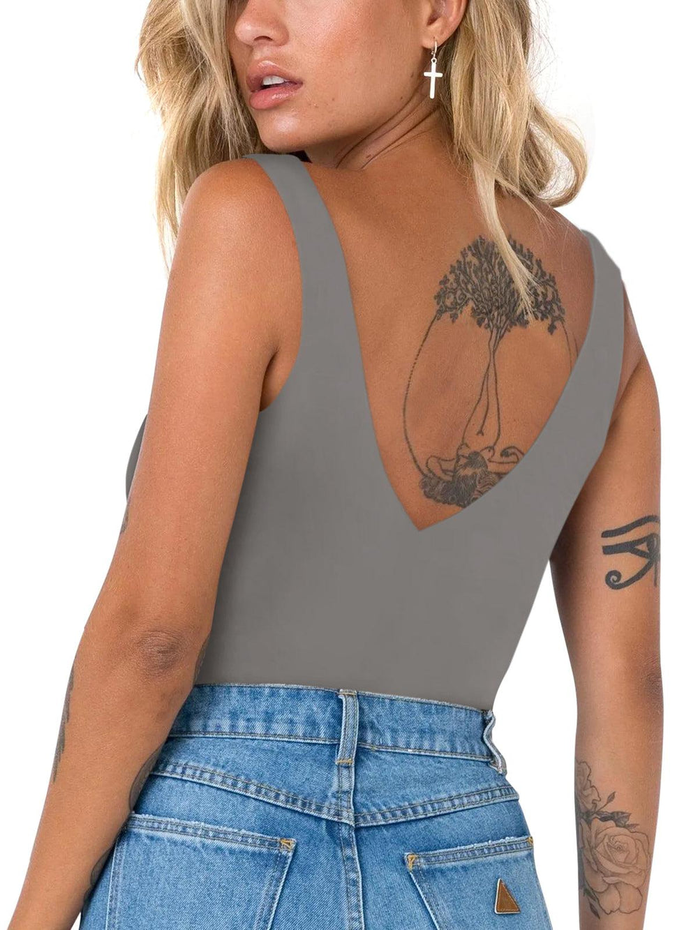 Plunge Deep V Neck Sleeveless V Backless Bodysuits Tops - REORIA