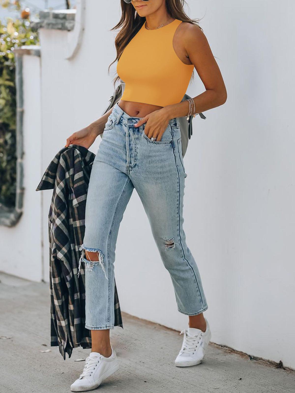 Sleeveless Halter Neck Tank Crop Tops - REORIA