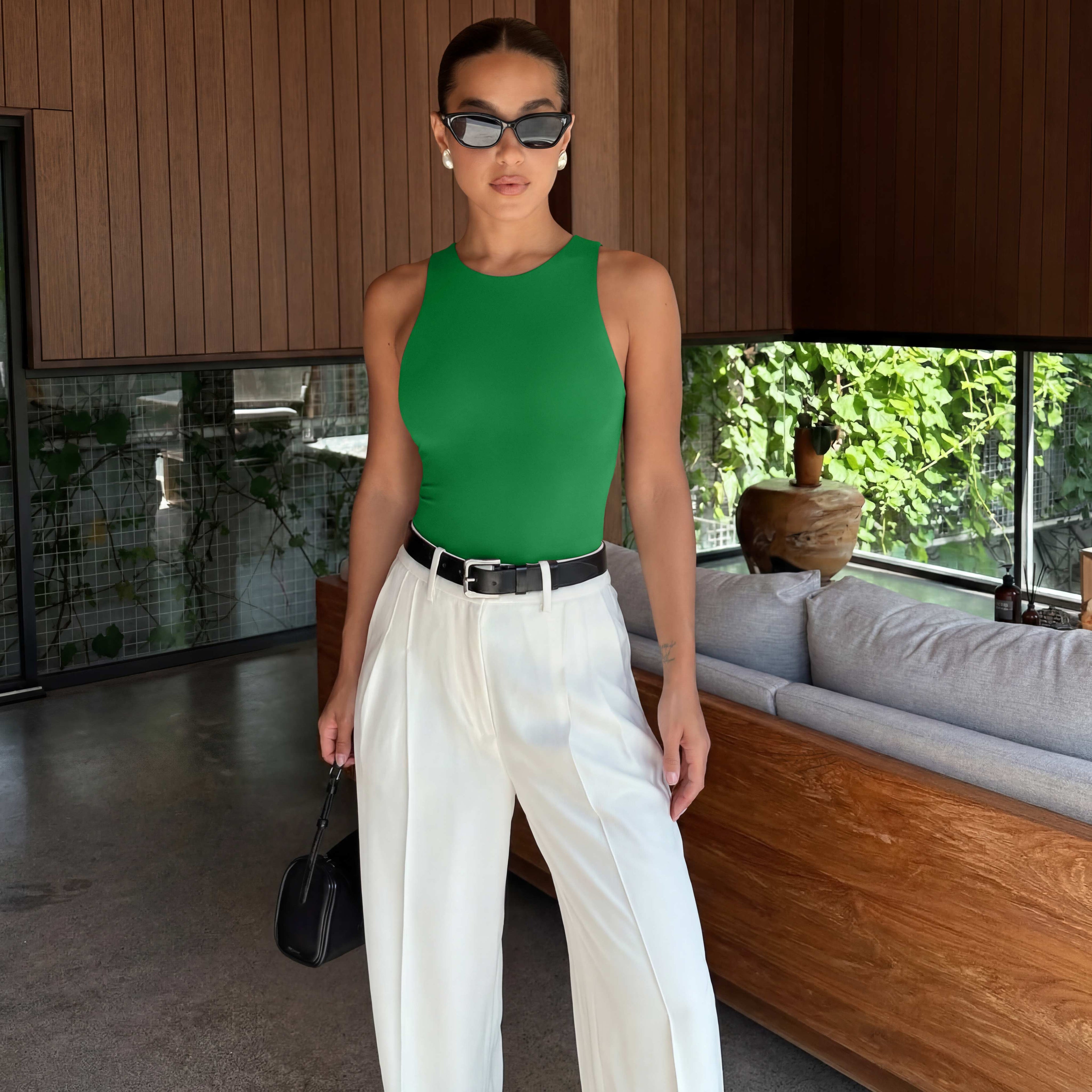 Sleeveless Racer Back Halter Neck Bodysuit Tank Tops