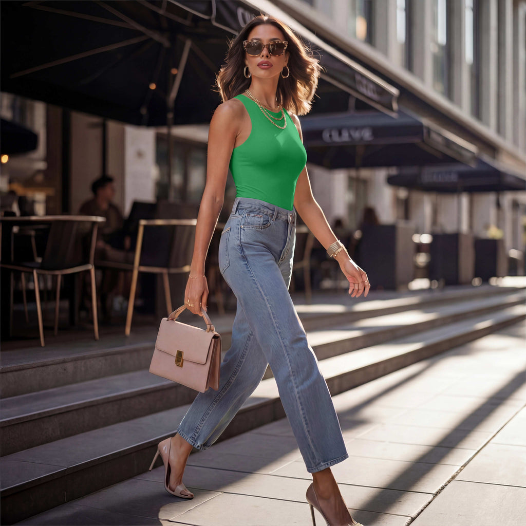 Sleeveless Racer Back Halter Neck Bodysuit Tank Tops