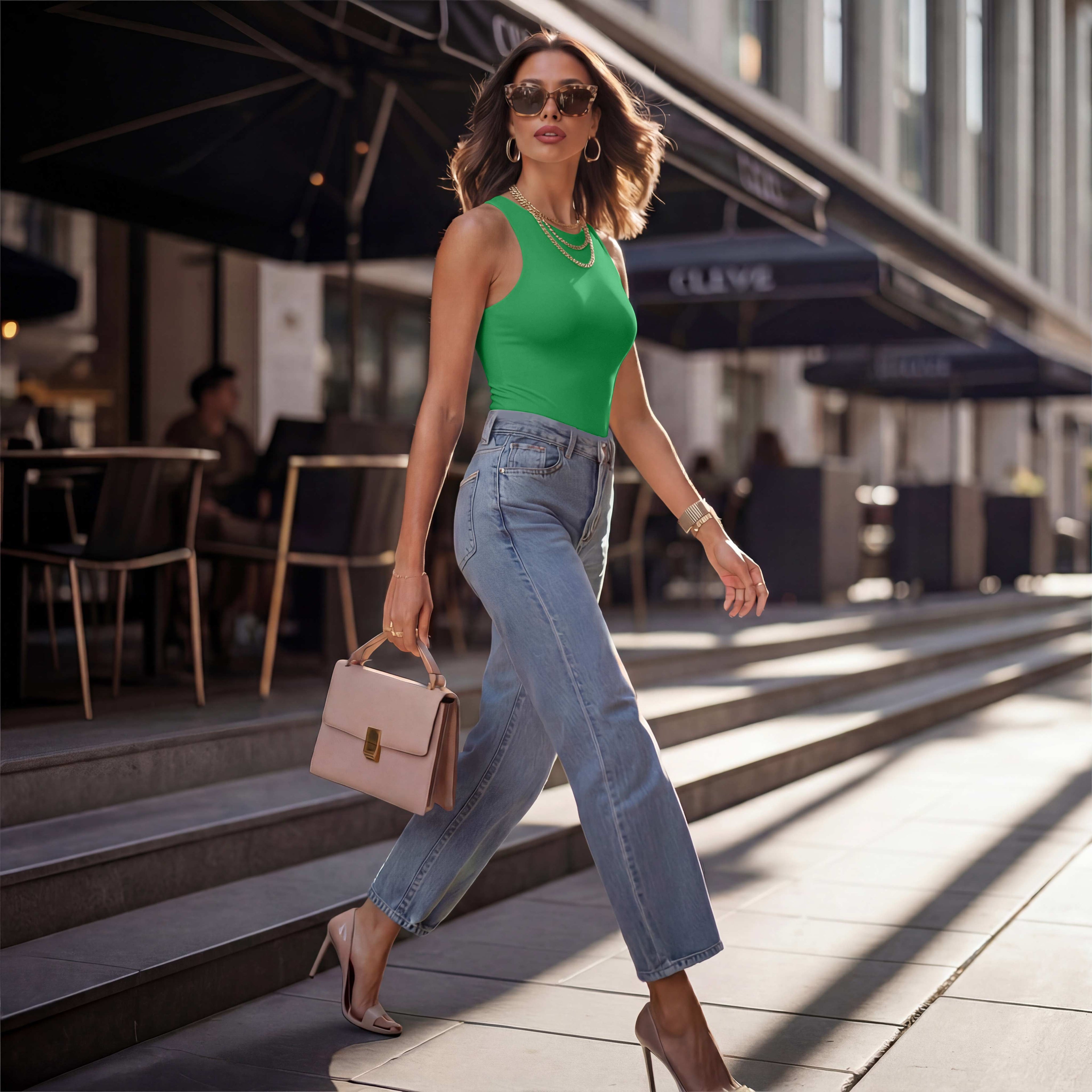 Sleeveless Racer Back Halter Neck Bodysuit Tank Tops