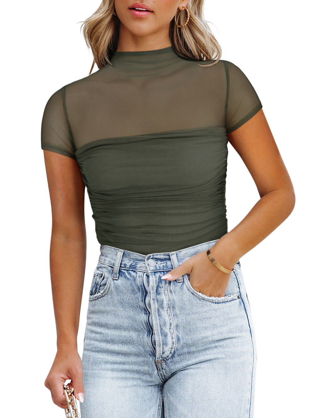 Veiled Allure High Neck Bodysuits Tops - REORIA