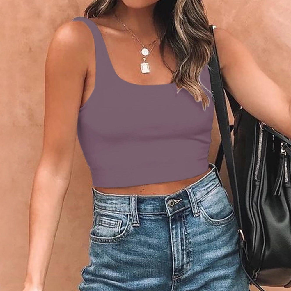 Square Neck Seamless Sleeveless Crop Tops - REORIA