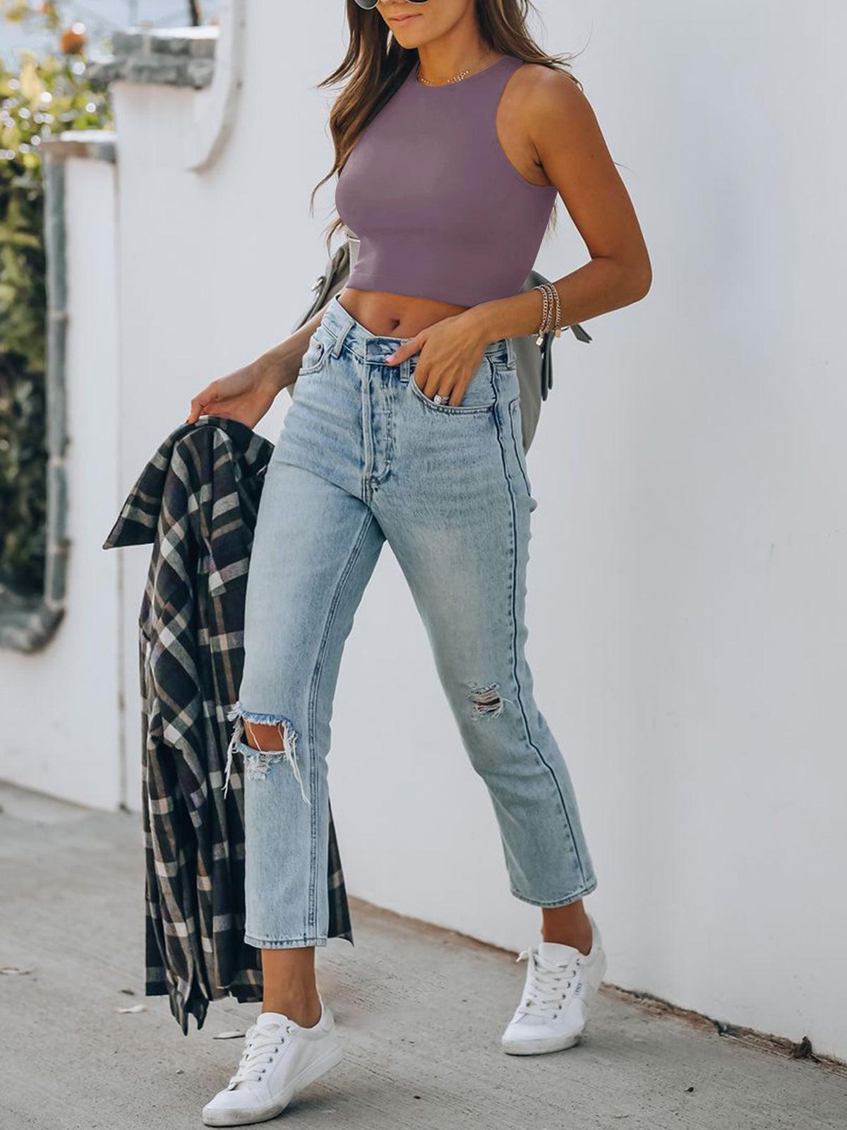 Sleeveless Halter Neck Tank Crop Tops - REORIA