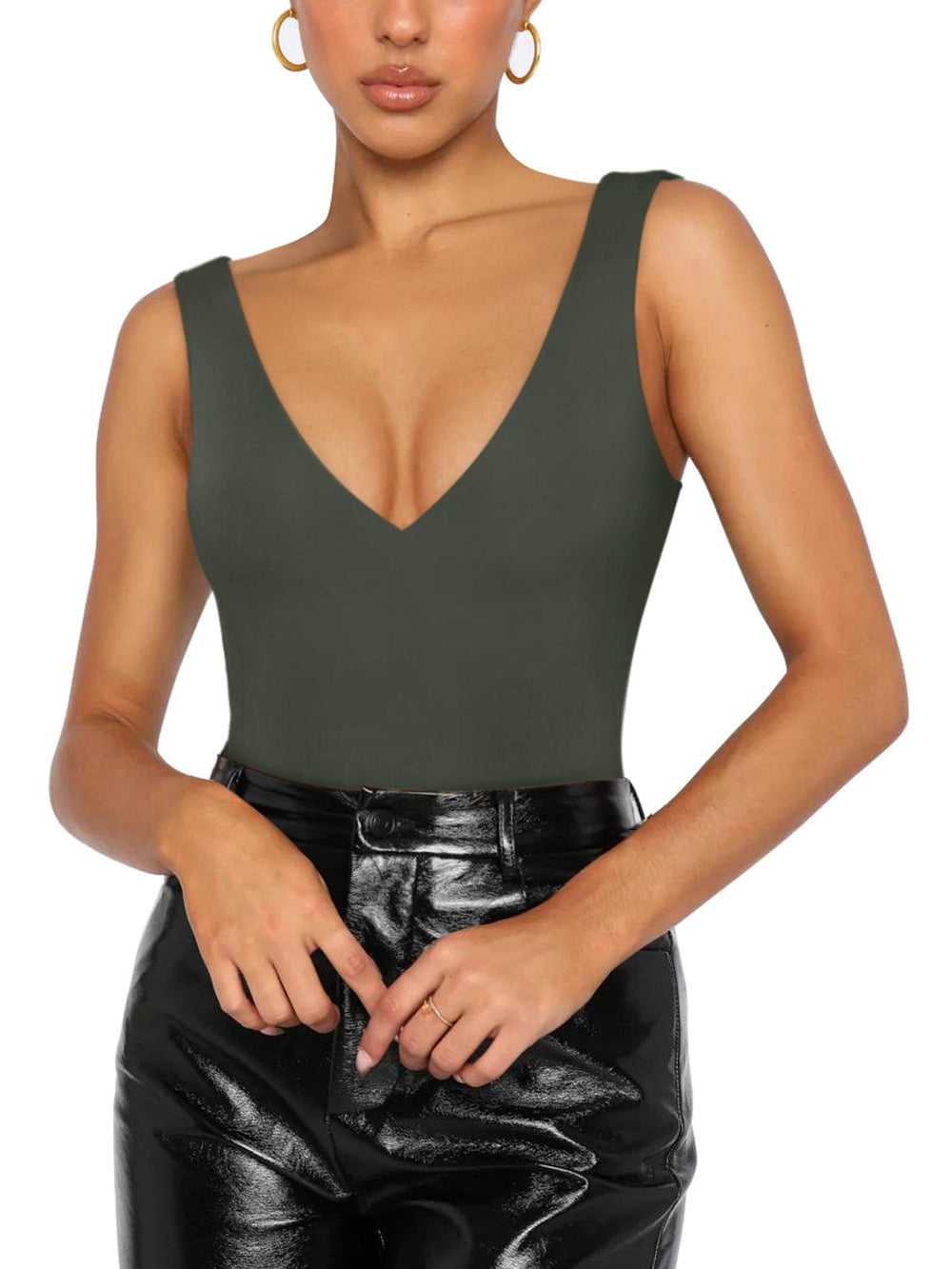 Plunge Deep V Neck Sleeveless V Backless Bodysuits Tops - REORIA