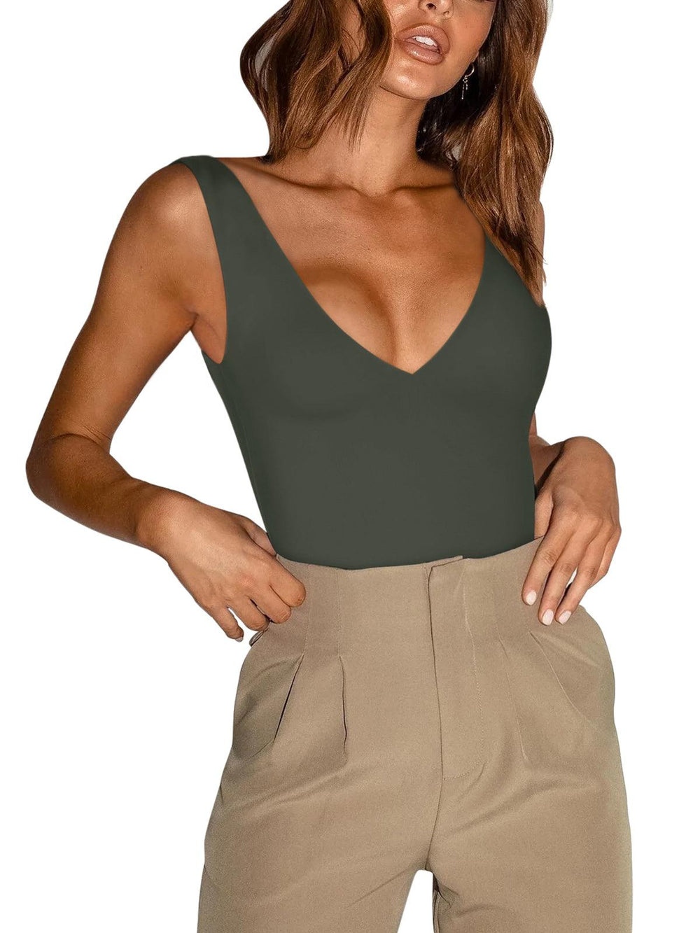 Plunge Deep V Neck Sleeveless V Backless Bodysuits Tops - REORIA