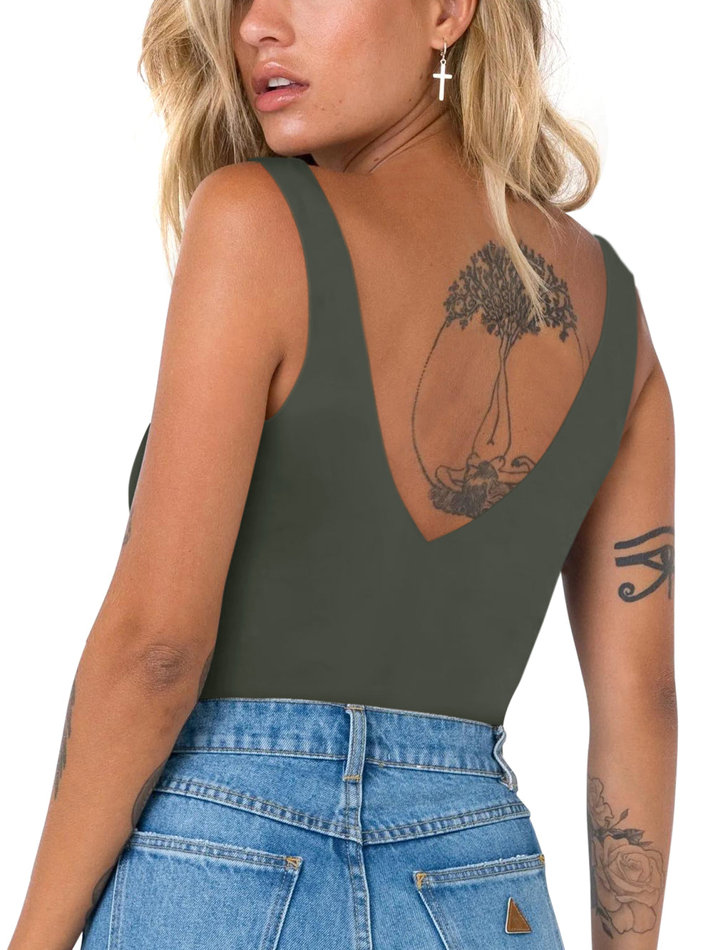 Plunge Deep V Neck Sleeveless V Backless Bodysuits Tops - REORIA