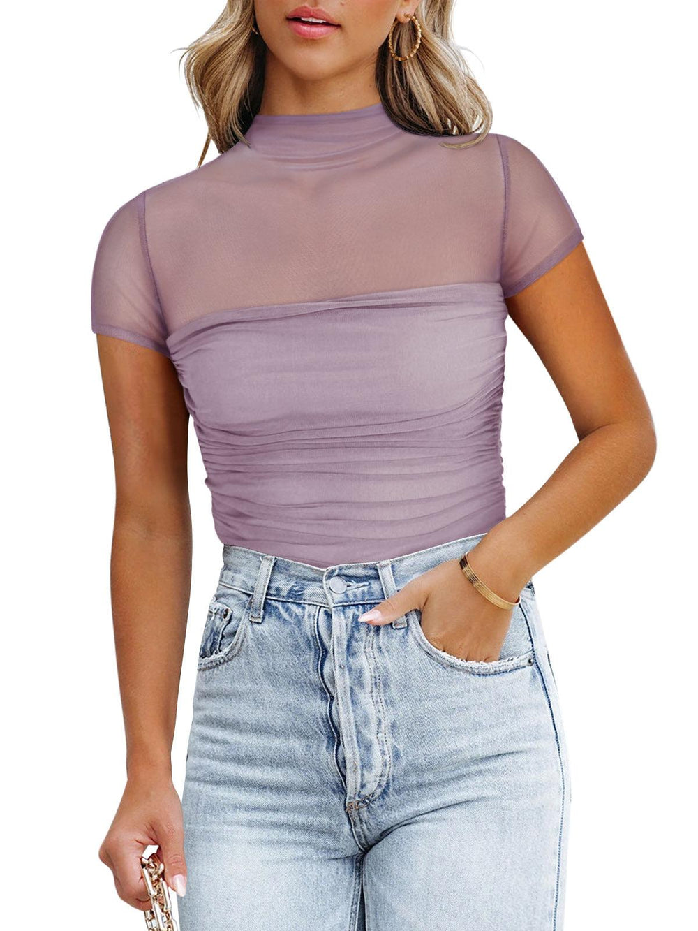 Veiled Allure High Neck Bodysuits Tops - REORIA