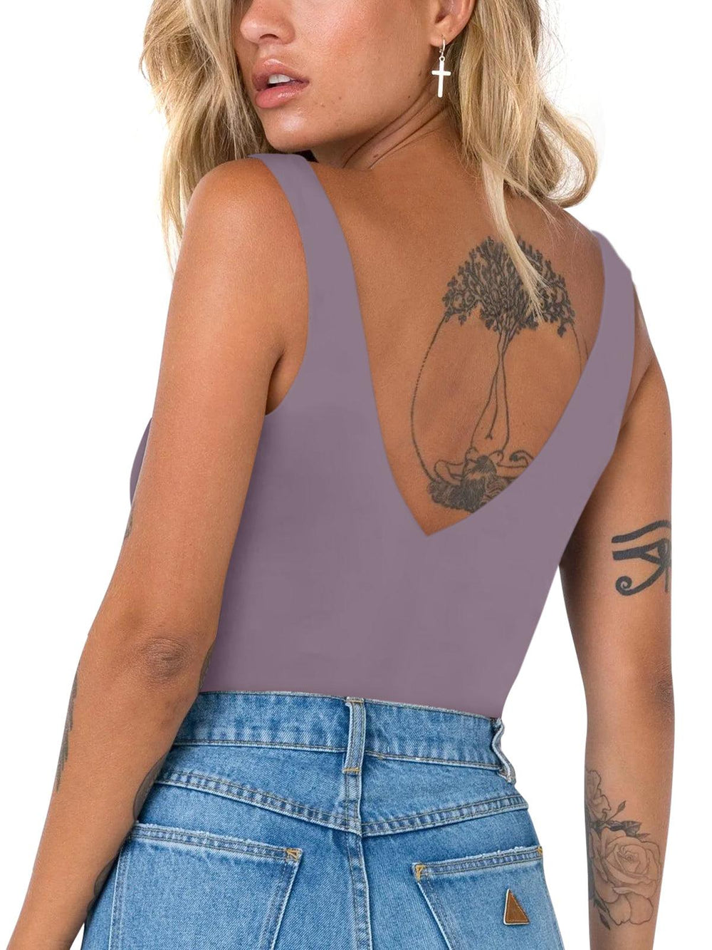 Plunge Deep V Neck Sleeveless V Backless Bodysuits Tops - REORIA