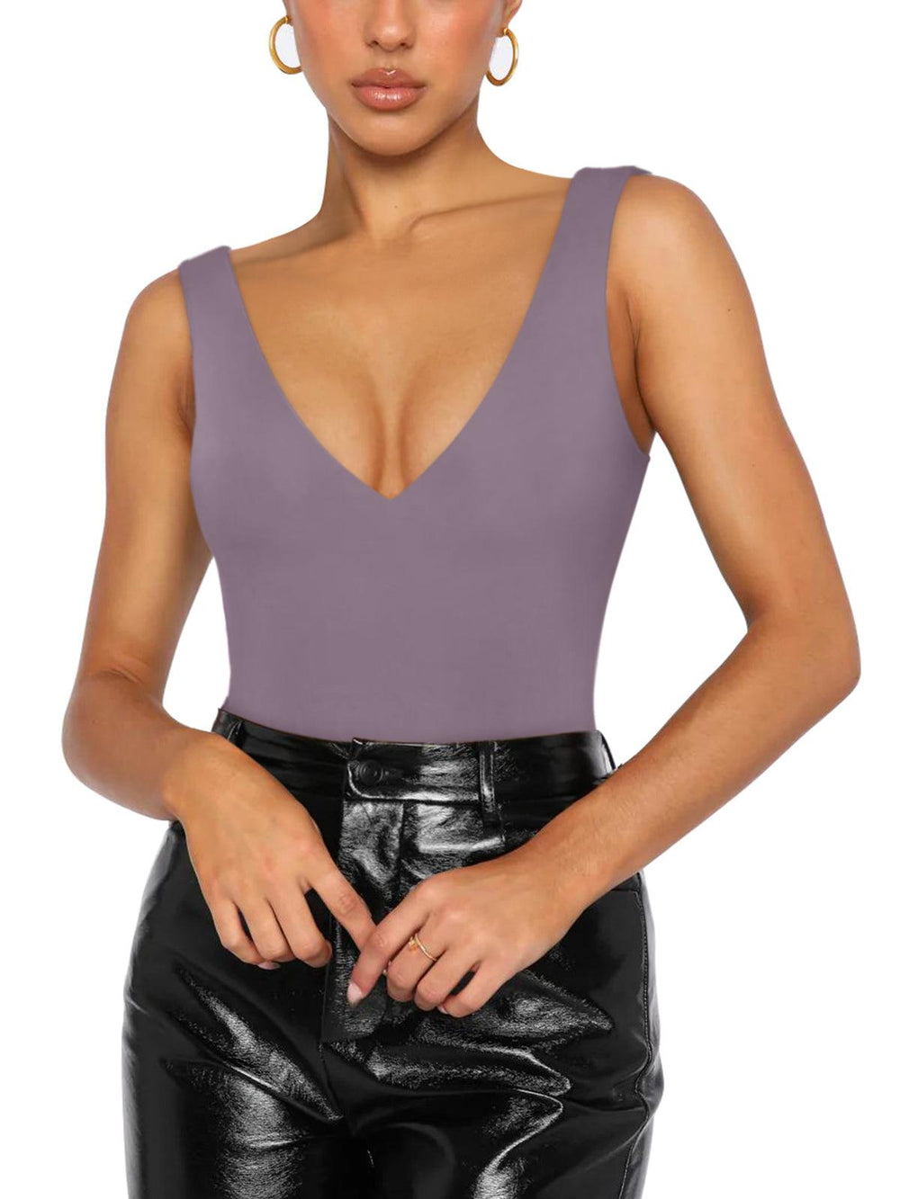 Plunge Deep V Neck Sleeveless V Backless Bodysuits Tops - REORIA