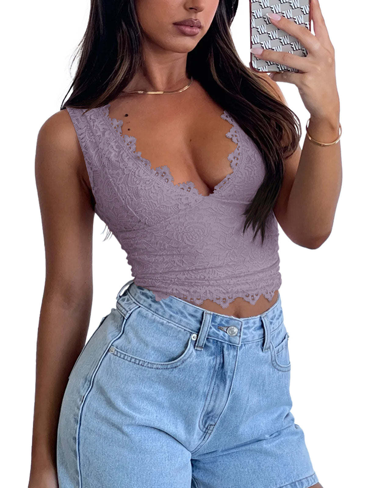 Midnight Elegance Lace V-Neck Crop Top - REORIA