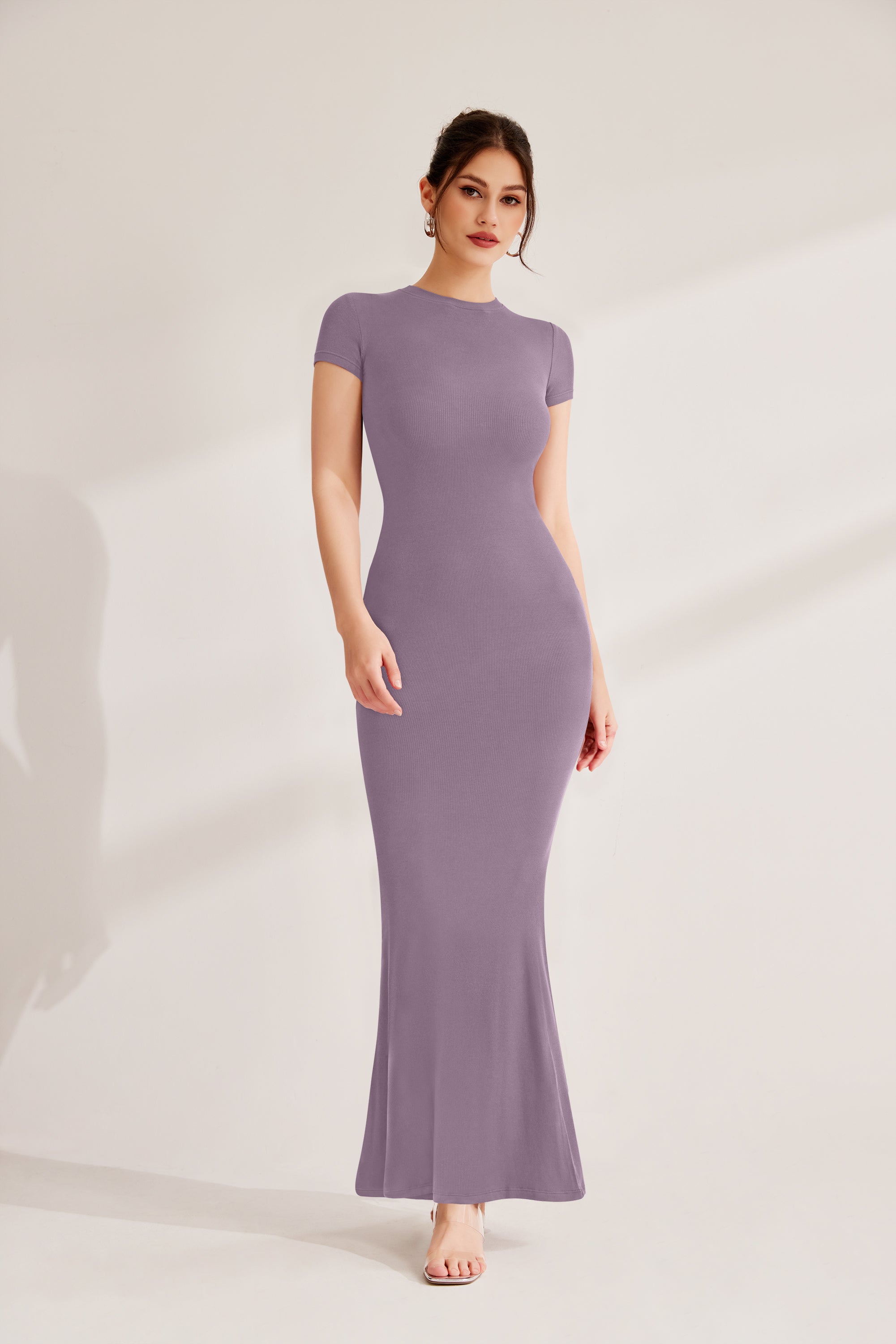 reoria long sleeve dress Lounge Long Dress Short Sleeve Crew-neck Maxi Dresses – REORIA