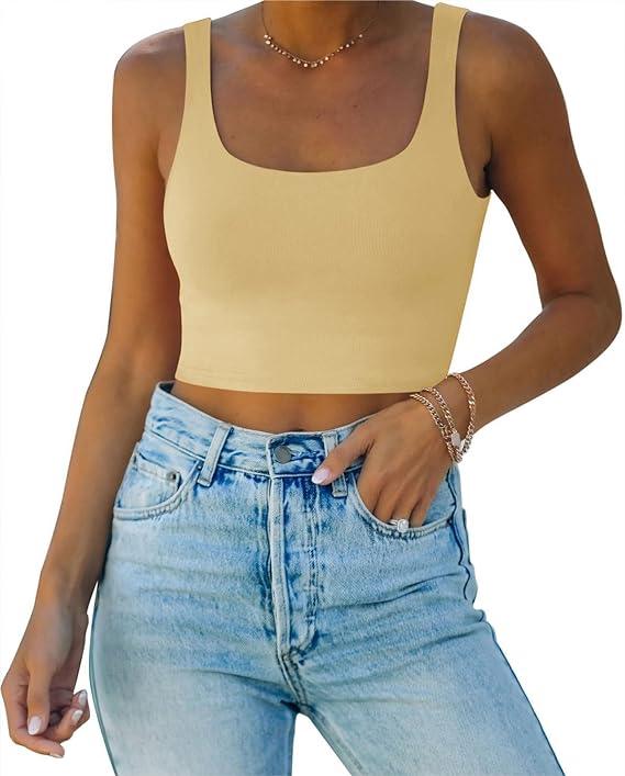 Square Neck Seamless Sleeveless Crop Tops - REORIA