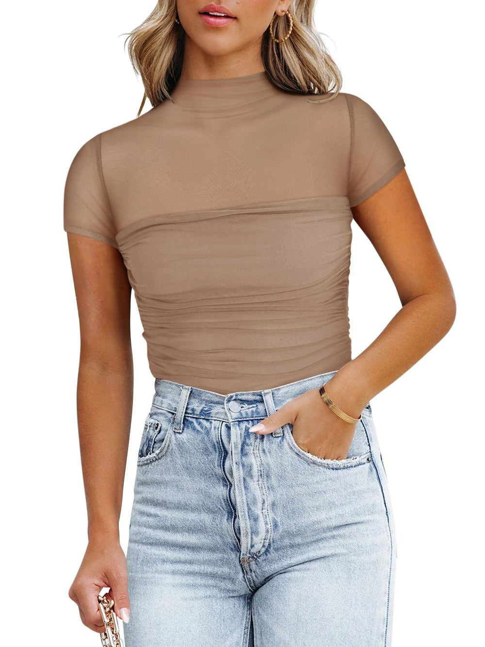 Veiled Allure High Neck Bodysuits Tops - REORIA