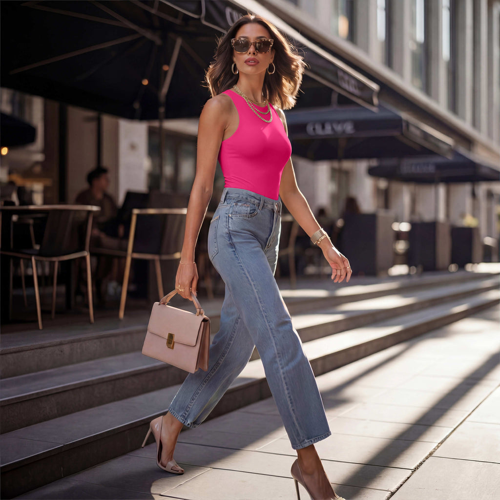 Sleeveless Racer Back Halter Neck Bodysuit Tank Tops