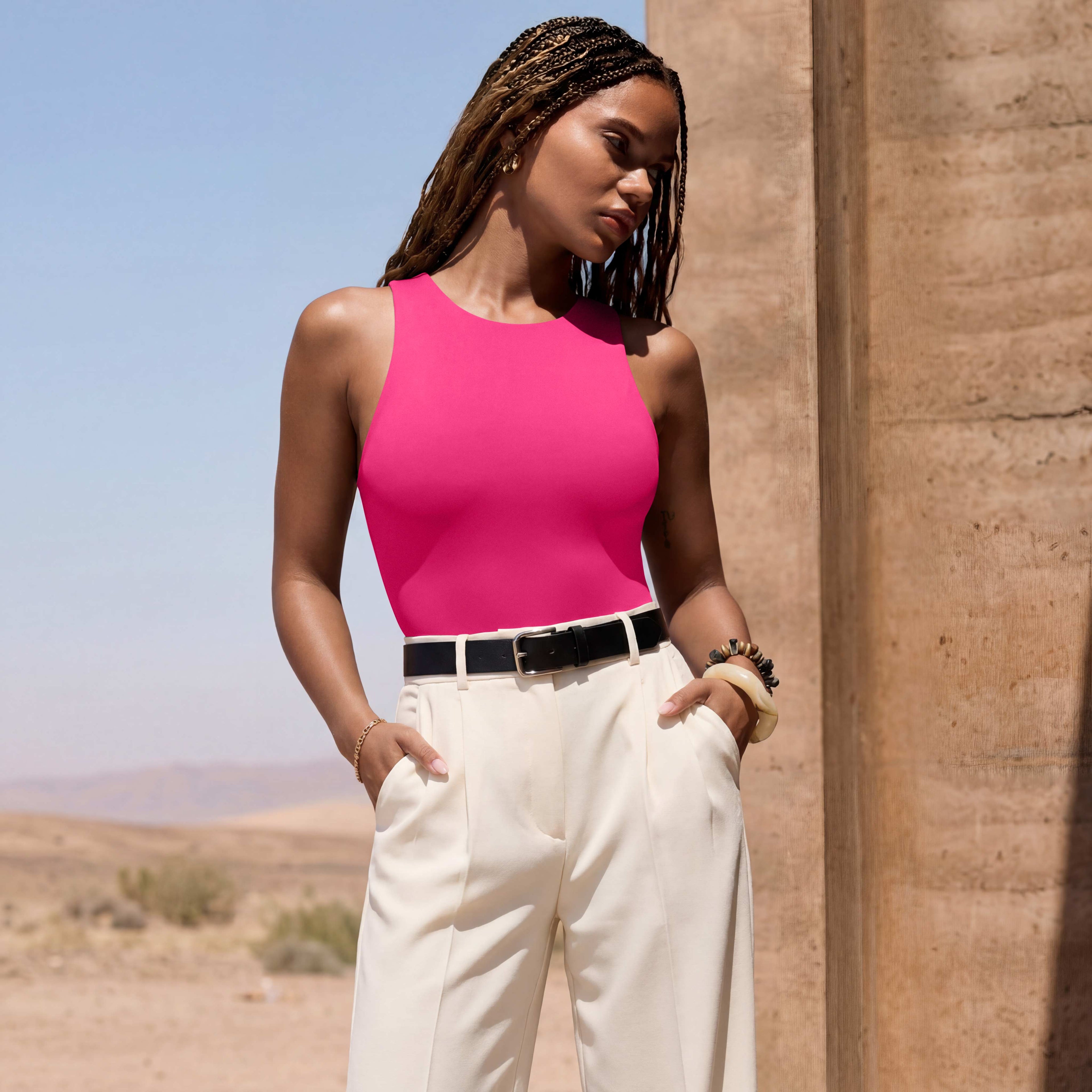 Sleeveless Racer Back Halter Neck Bodysuit Tank Tops
