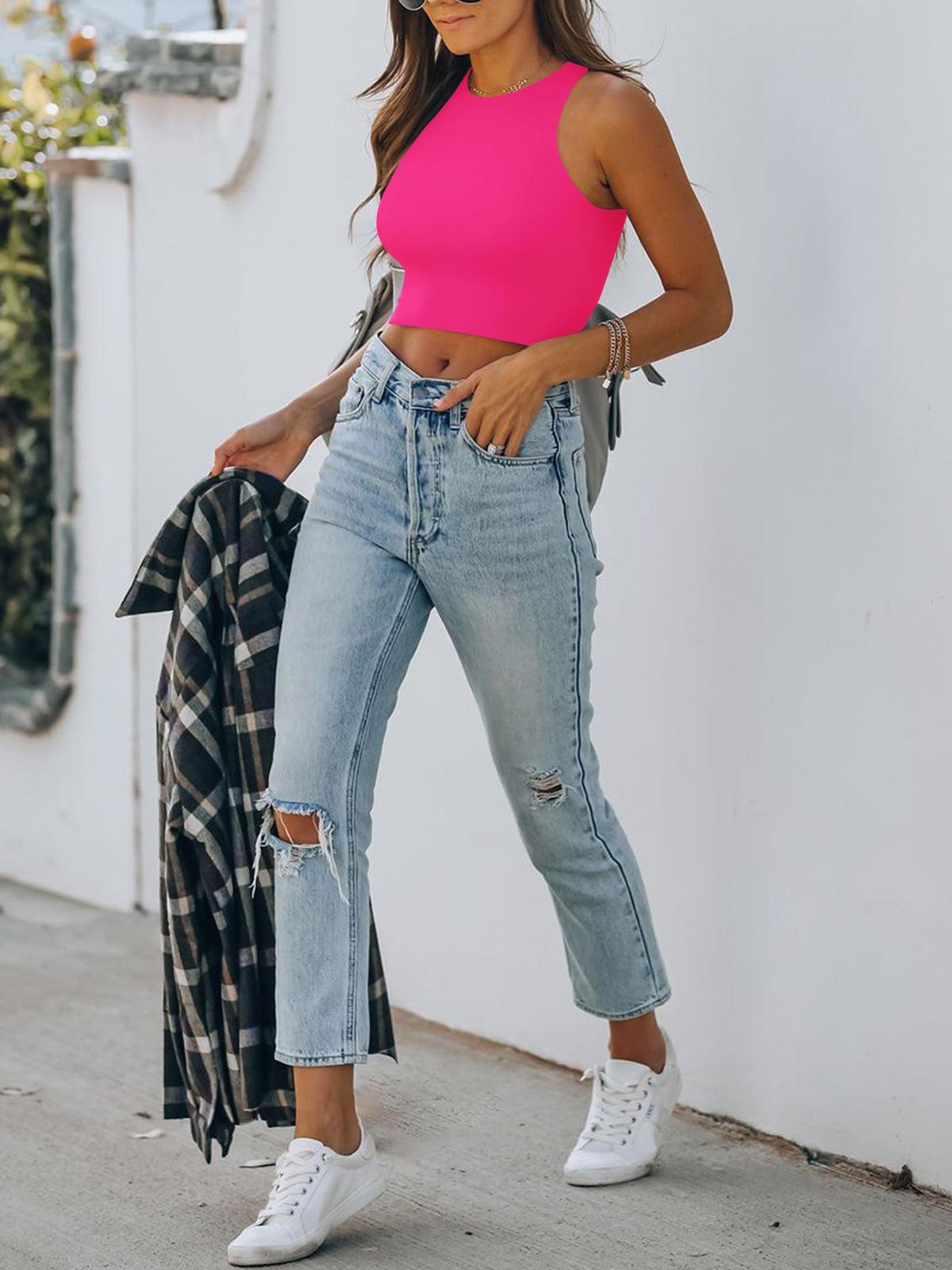 Sleeveless Halter Neck Tank Crop Tops - REORIA