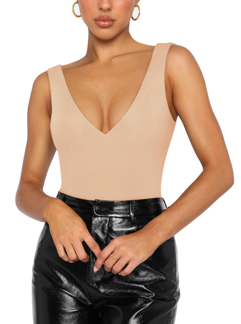 Plunge Deep V Neck Sleeveless V Backless Bodysuits Tops - REORIA