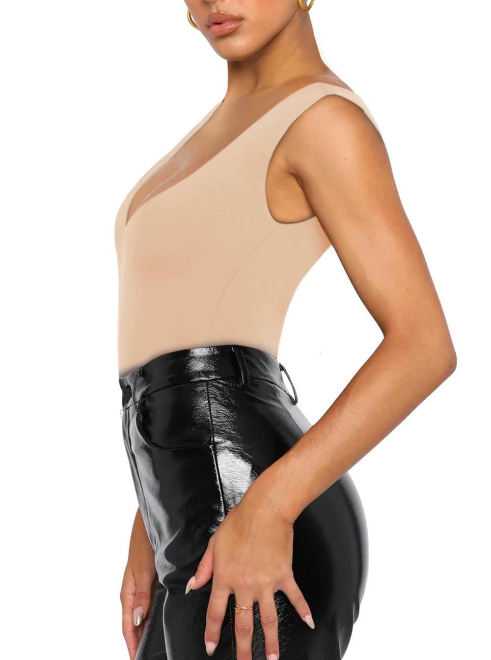 Plunge Deep V Neck Sleeveless V Backless Bodysuits Tops - REORIA