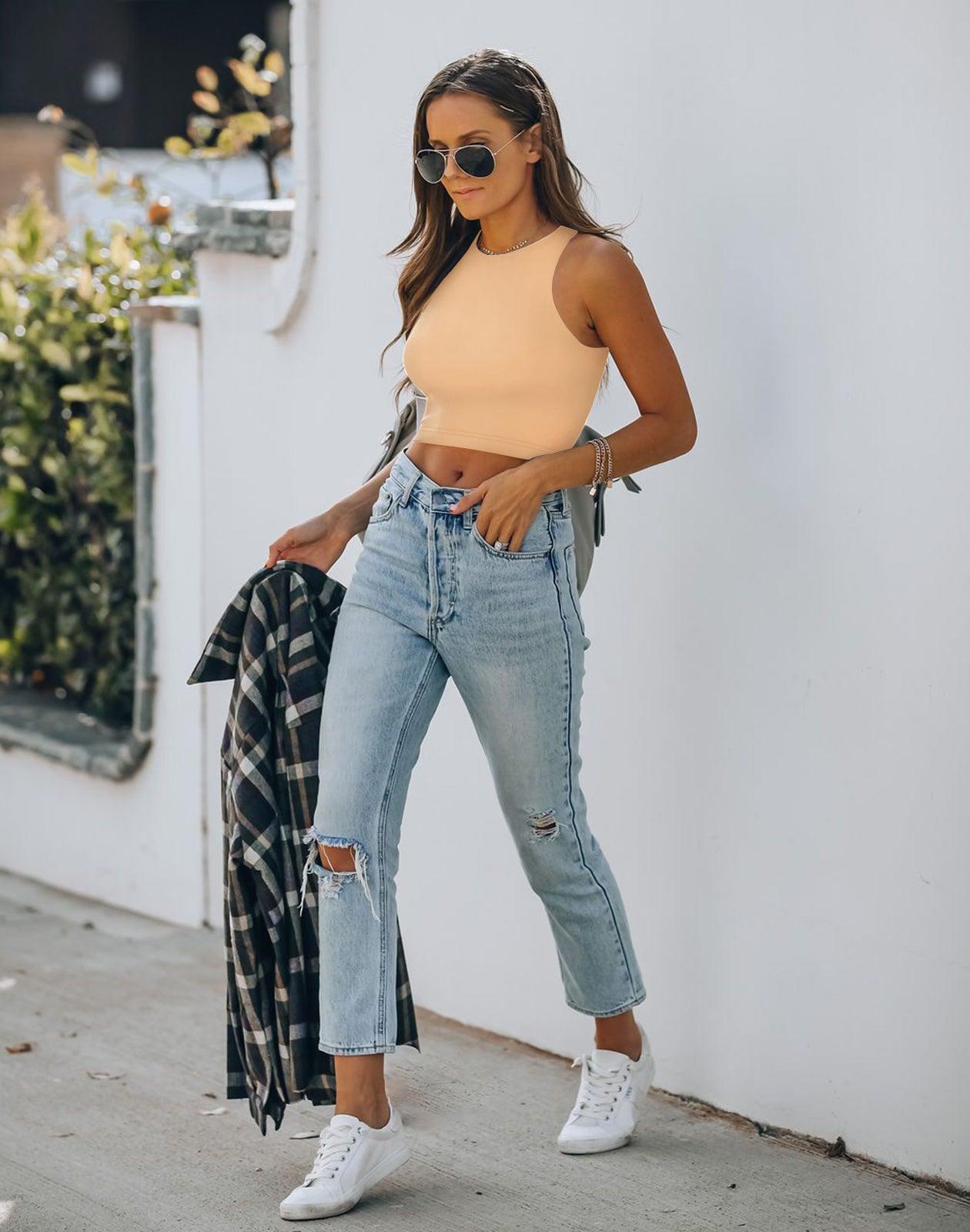 Sleeveless Halter Neck Tank Crop Tops - REORIA