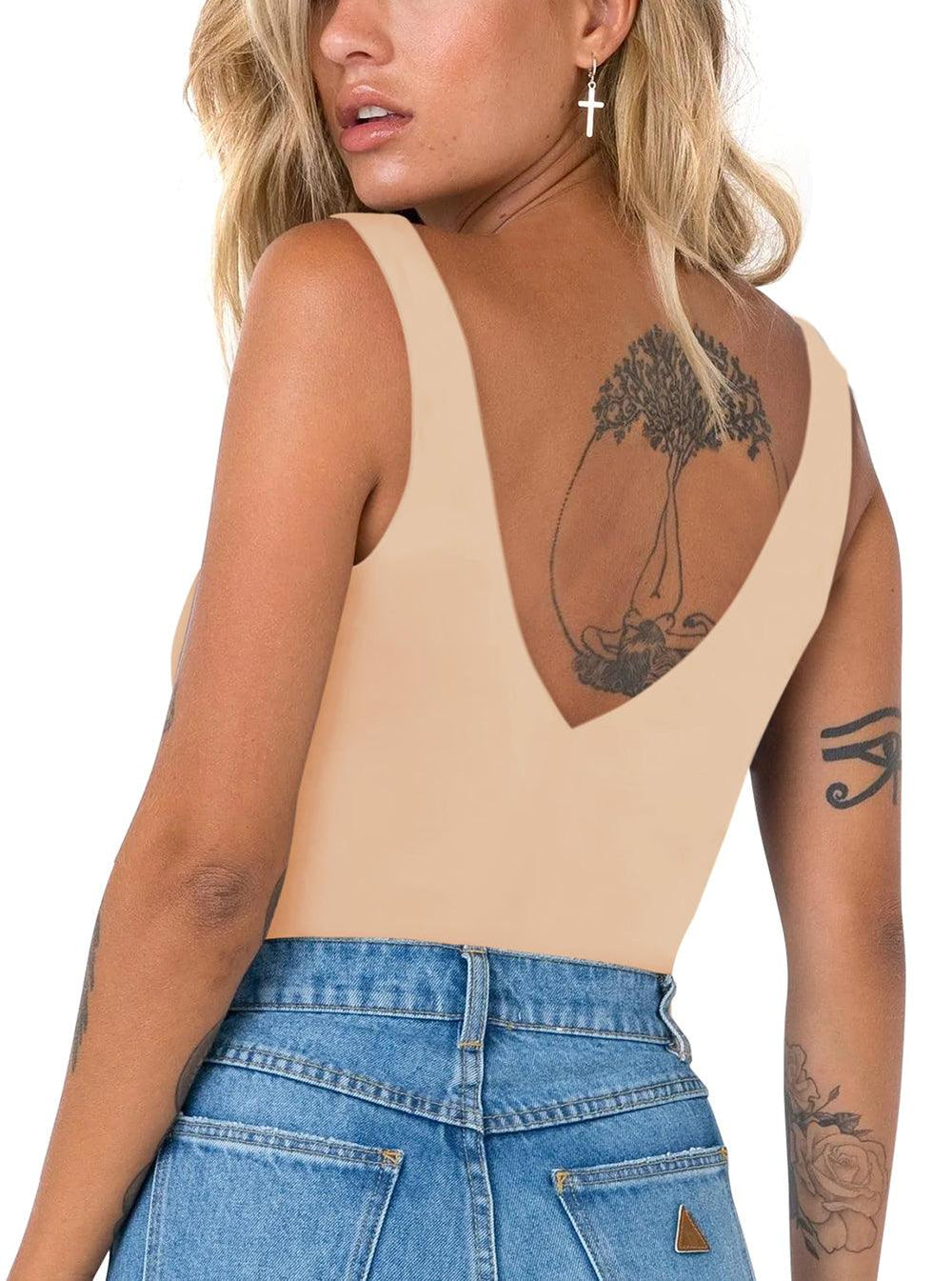 Plunge Deep V Neck Sleeveless V Backless Bodysuits Tops - REORIA