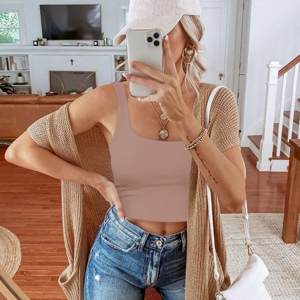 Square Neck Seamless Sleeveless Crop Tops - REORIA