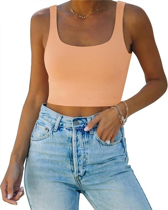 Square Neck Seamless Sleeveless Crop Tops - REORIA
