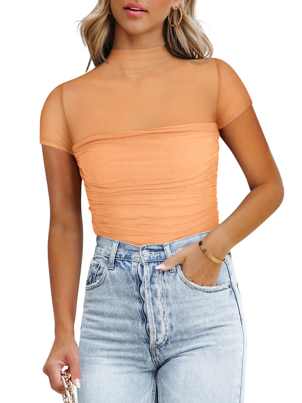 Veiled Allure High Neck Bodysuits Tops - REORIA