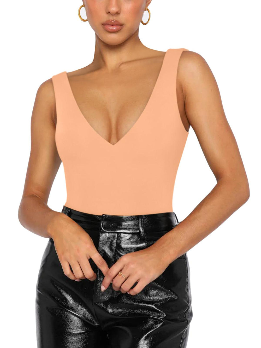 Plunge Deep V Neck Sleeveless V Backless Bodysuits Tops - REORIA