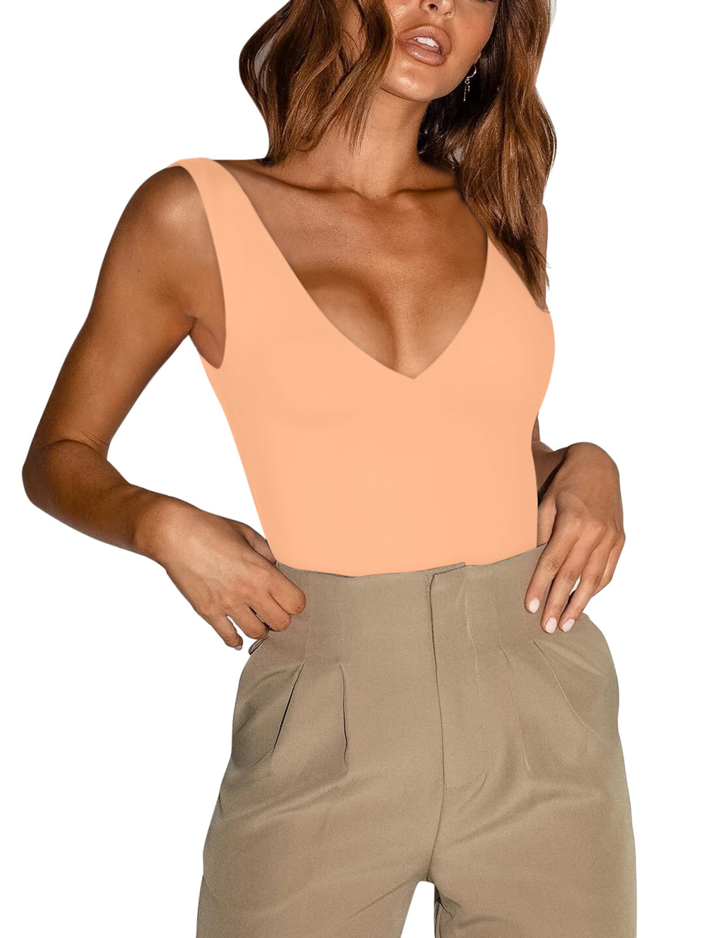 Plunge Deep V Neck Sleeveless V Backless Bodysuits Tops - REORIA
