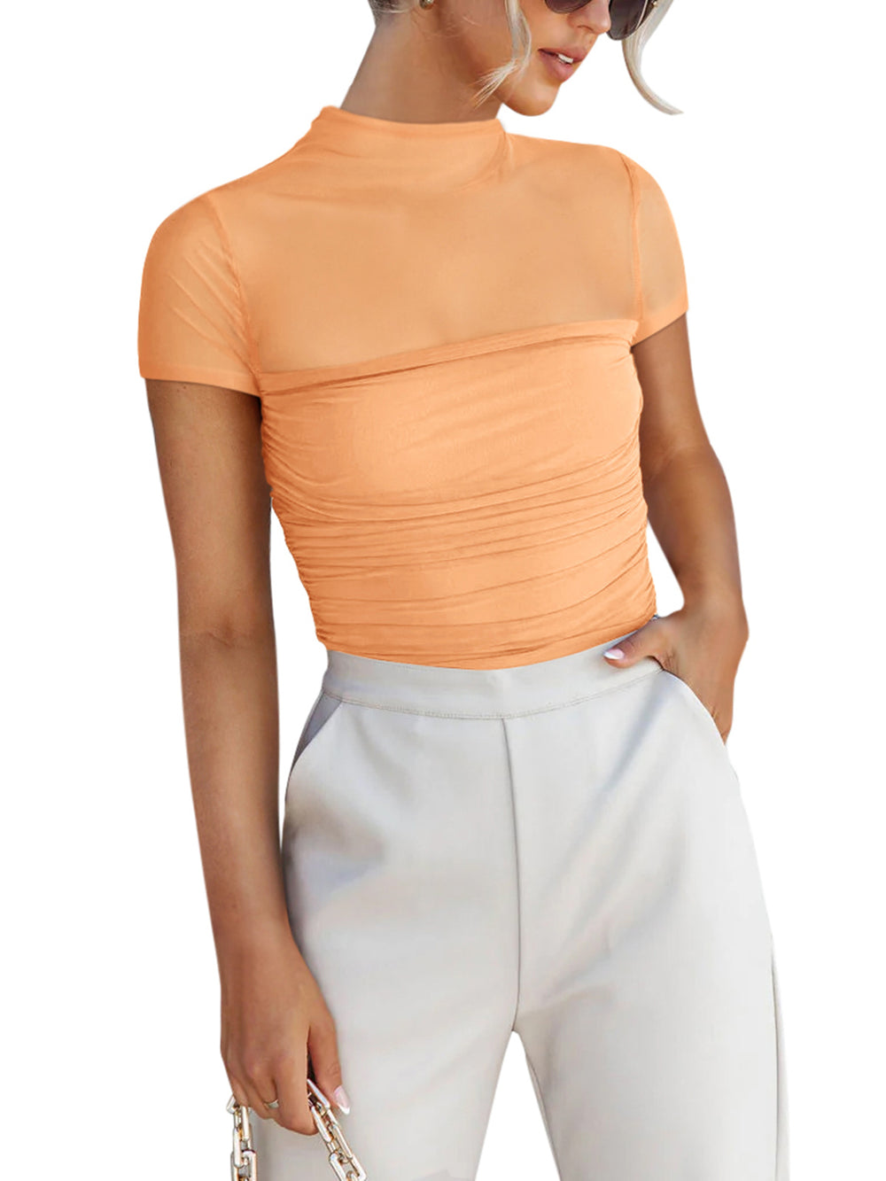 Veiled Allure High Neck Bodysuits Tops - REORIA
