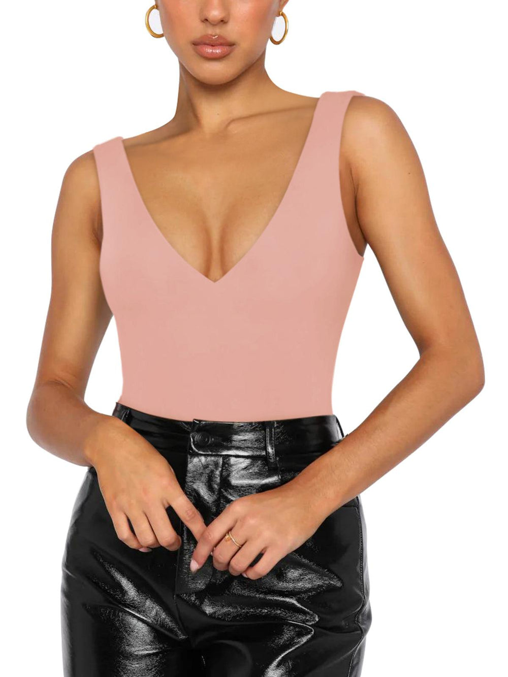 Plunge Deep V Neck Sleeveless V Backless Bodysuits Tops - REORIA