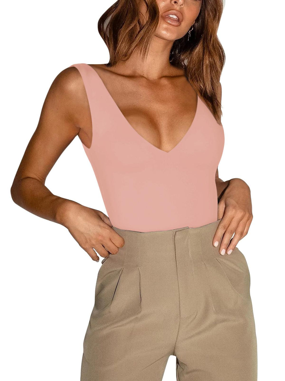 Plunge Deep V Neck Sleeveless V Backless Bodysuits Tops - REORIA