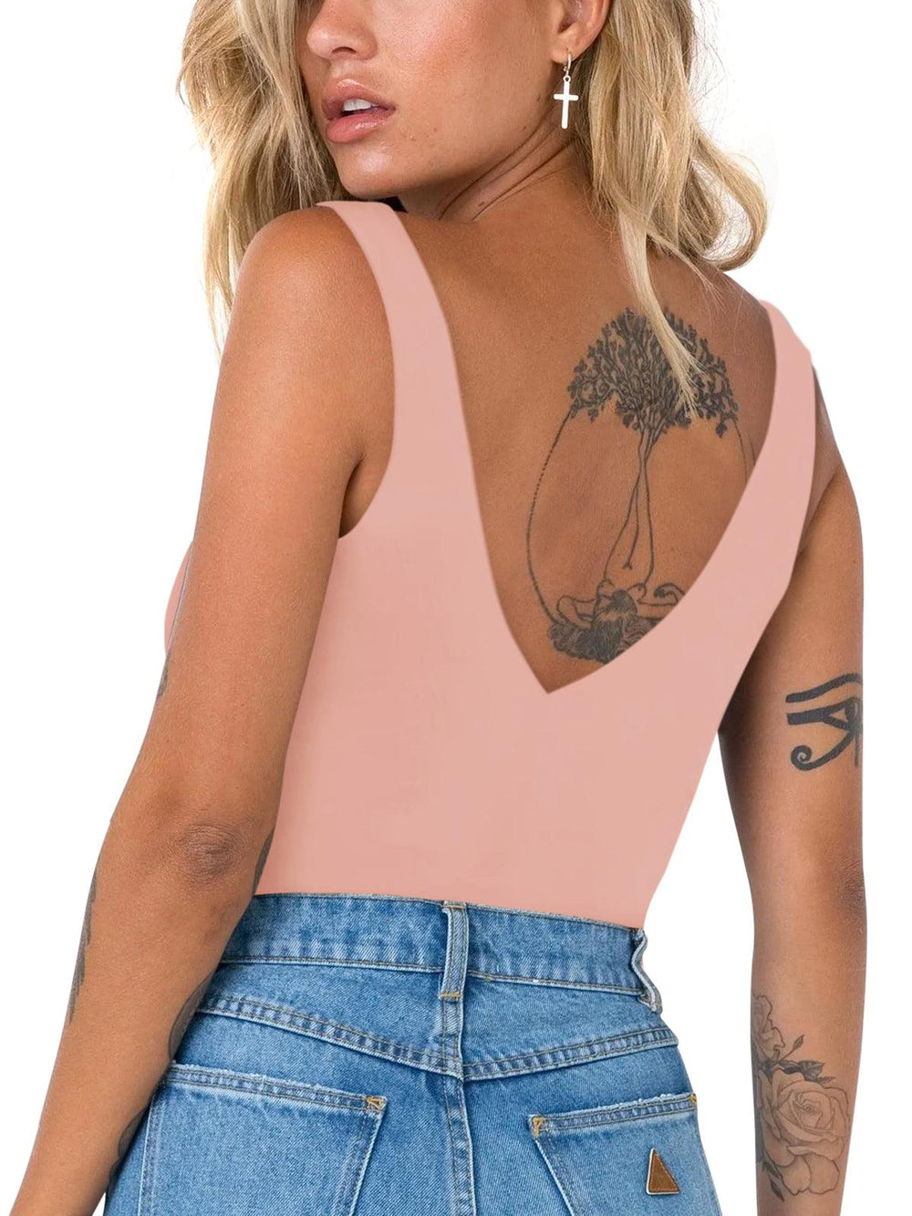 Plunge Deep V Neck Sleeveless V Backless Bodysuits Tops - REORIA
