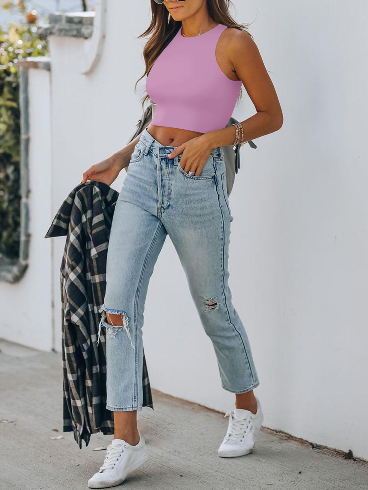 Sleeveless Halter Neck Tank Crop Tops - REORIA