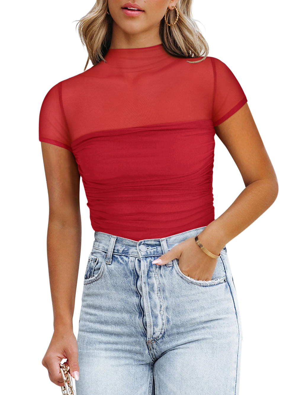 Veiled Allure High Neck Bodysuits Tops - REORIA