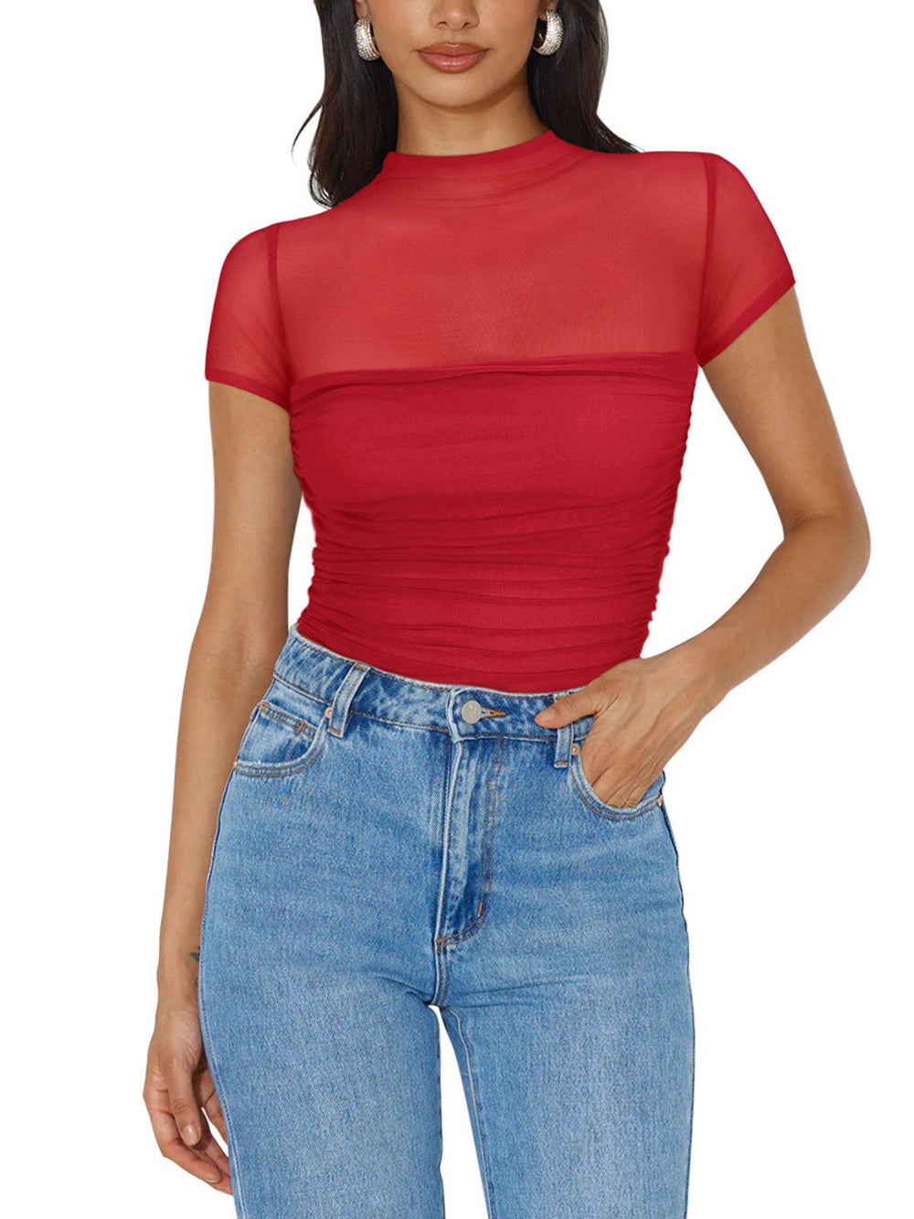 Veiled Allure High Neck Bodysuits Tops - REORIA