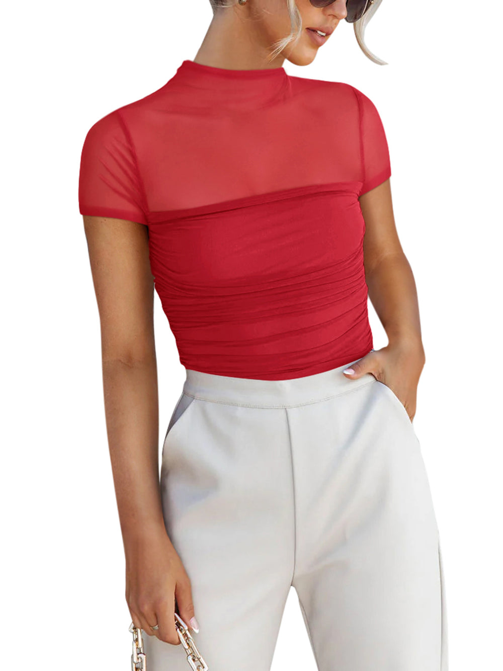 Veiled Allure High Neck Bodysuits Tops - REORIA