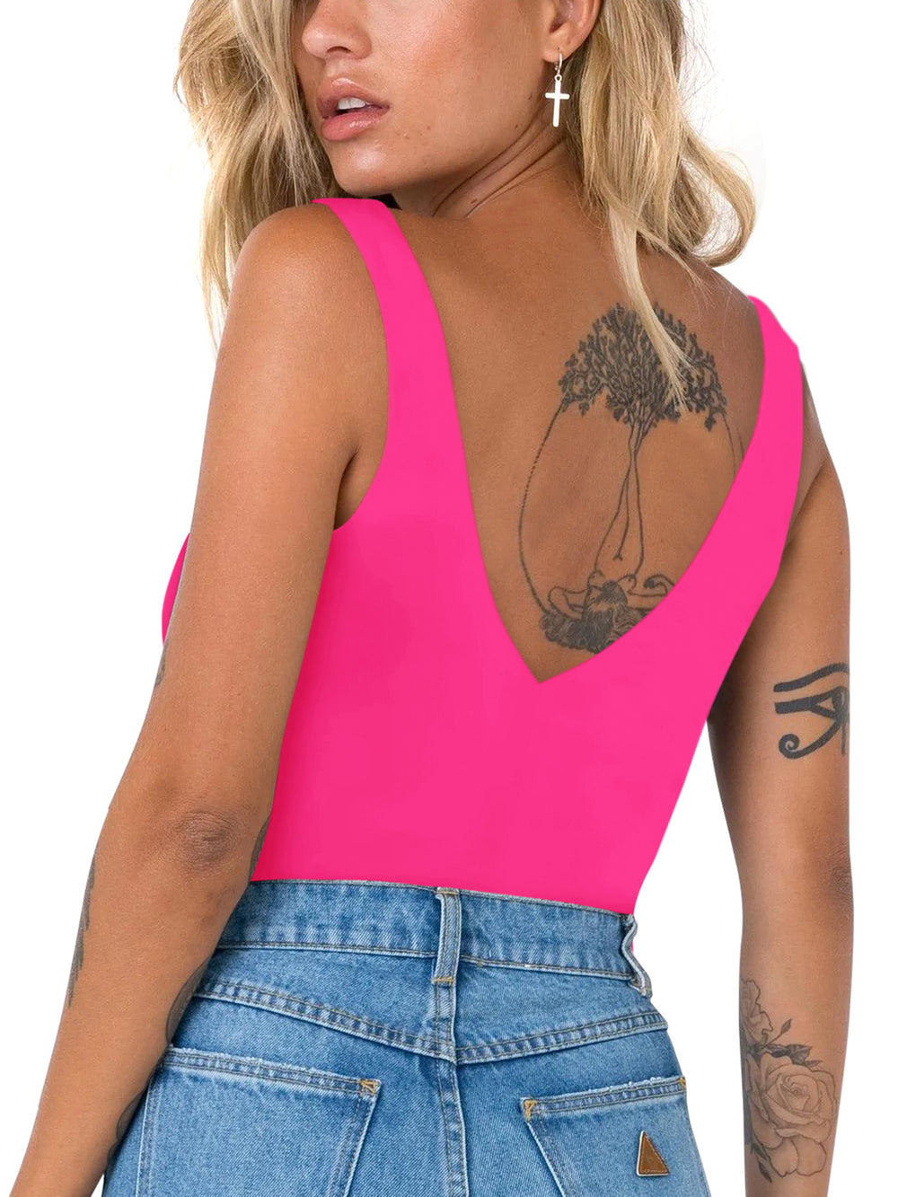 Plunge Deep V Neck Sleeveless V Backless Bodysuits Tops - REORIA