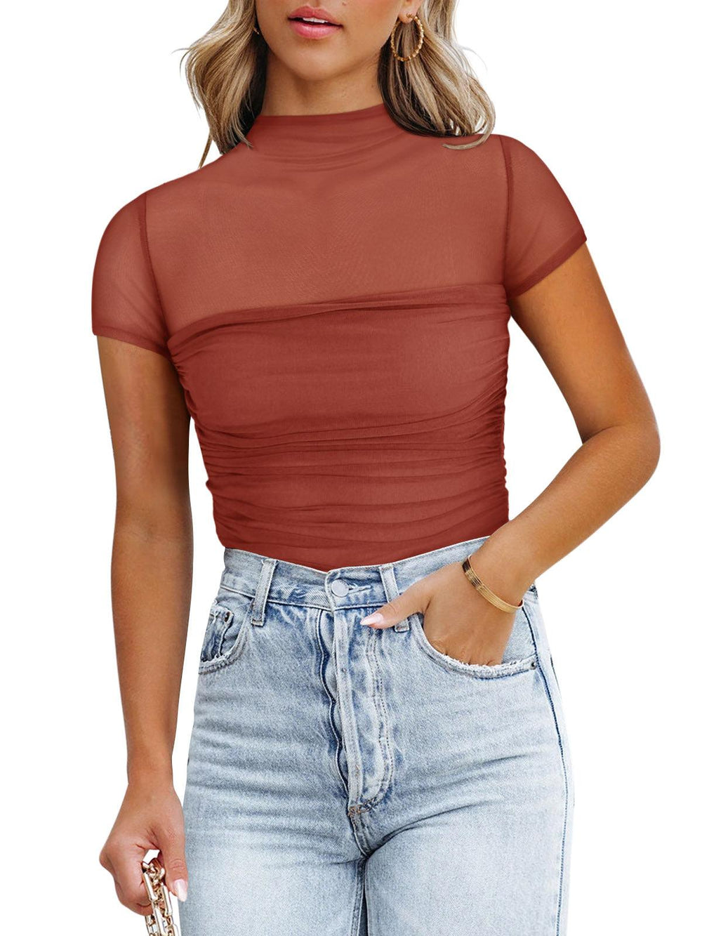 Veiled Allure High Neck Bodysuits Tops - REORIA