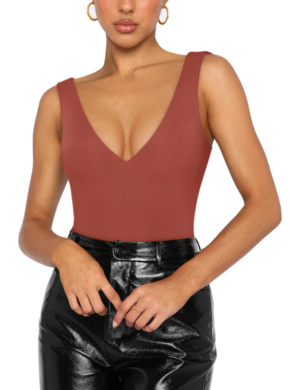 Plunge Deep V Neck Sleeveless V Backless Bodysuits Tops - REORIA