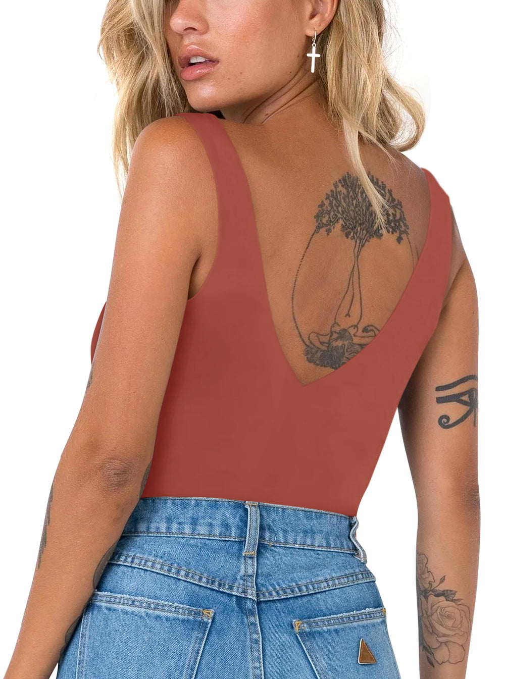 Plunge Deep V Neck Sleeveless V Backless Bodysuits Tops - REORIA